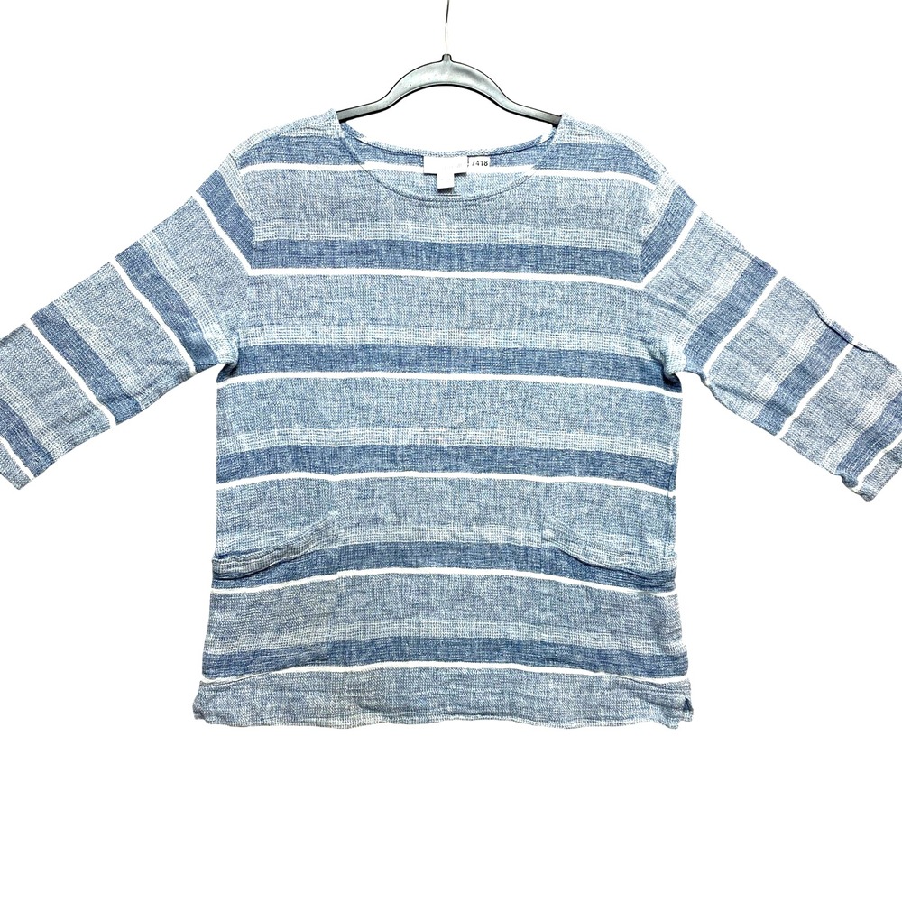 Pure Jill Top Womens Small Blue White 3/4 Sleeve Linen Cotton Blend Boho Stripe
